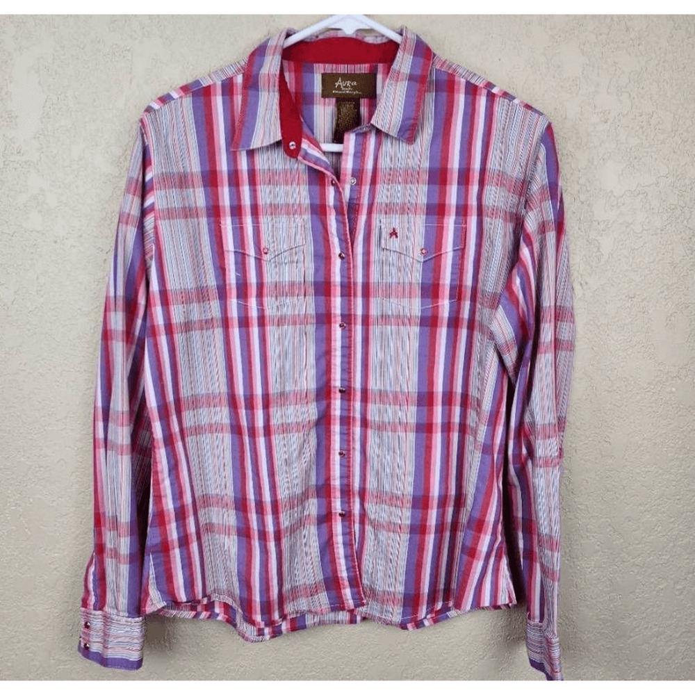 Wrangler Aura Pink and Purple Plaid Western Snap Button Shirt Large (6952)